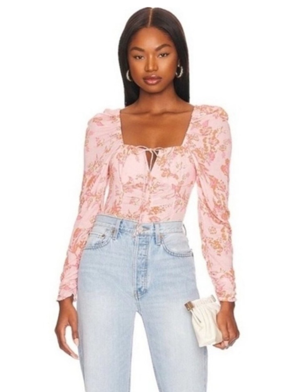 NWT Free People Hilary Printed Top Pink Combo Smocked Puff Sleeve XL $98
